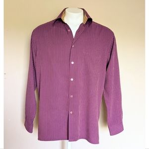 Bugatchi Men's Mauve/Mustard Striped Button-Down Long Sleeve Shirt